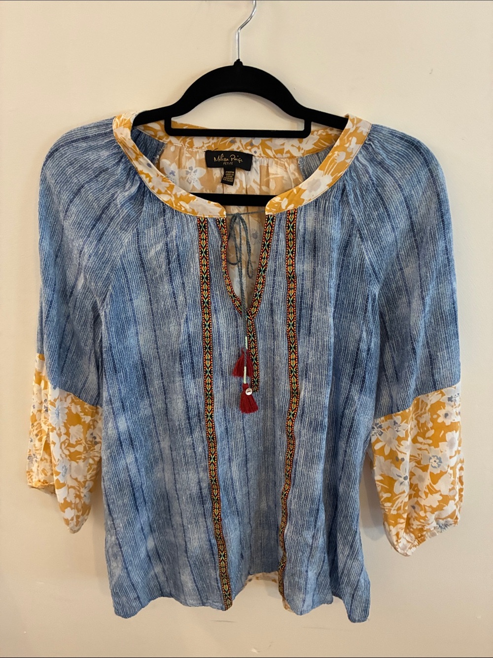 Boho Hippie Blue Floral  3/4 SleeveStriped Round neckline Tunic Top Sz PM